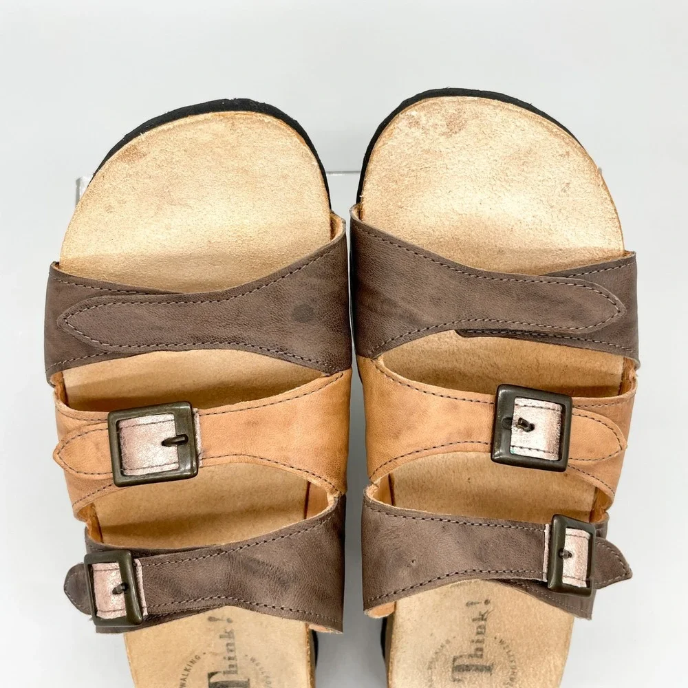 Think! Womens 40 Mizzi Multi Strap Brown Leather Cork Wedge Slide Sandals Buckle